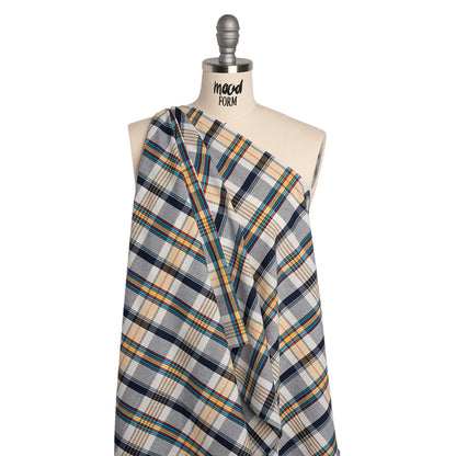 Cotton Shirting - Navy Blue, Yellow and Red Plaid - Deadstock