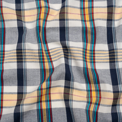Cotton Shirting - Navy Blue, Yellow and Red Plaid - Deadstock