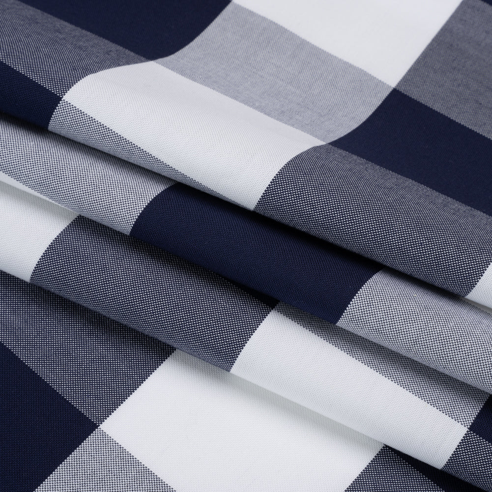 Cotton Oxford Shirting - Dark Blue and White Buffalo Check - Deadstock - Folded