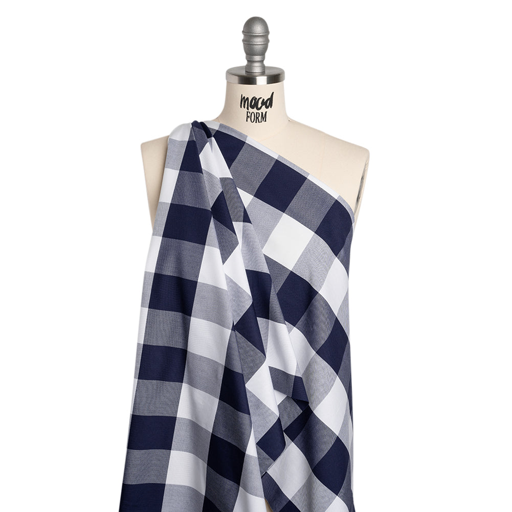 Cotton Oxford Shirting - Dark Blue and White Buffalo Check - Deadstock - Drape