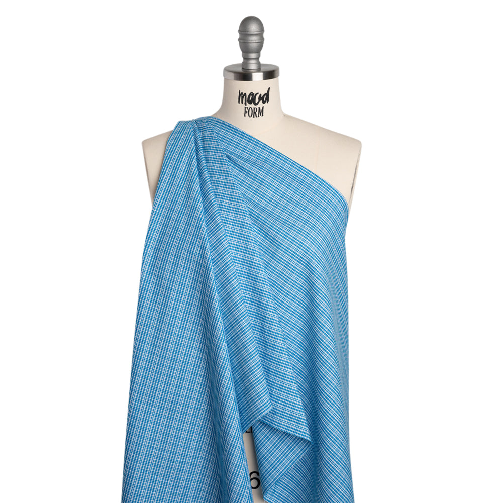 Cotton Oxford Shirting - Bright Blue and White Plaid - Designer Deadstock