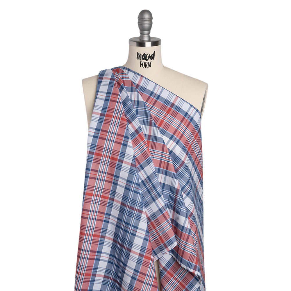 Cotton Oxford Shirting - Red, Blue and White Plaid - Deadstock