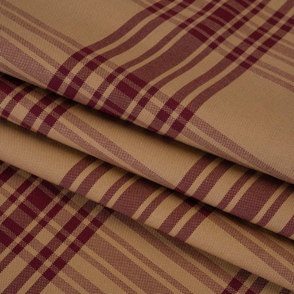 Cotton Oxford Shirting - Tan and Burgundy Plaid - Deadstock - Folded