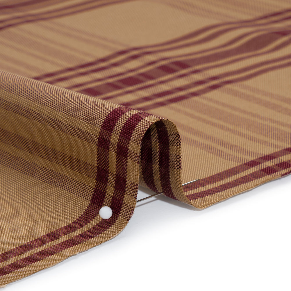 Cotton Oxford Shirting - Tan and Burgundy Plaid - Deadstock - Detail