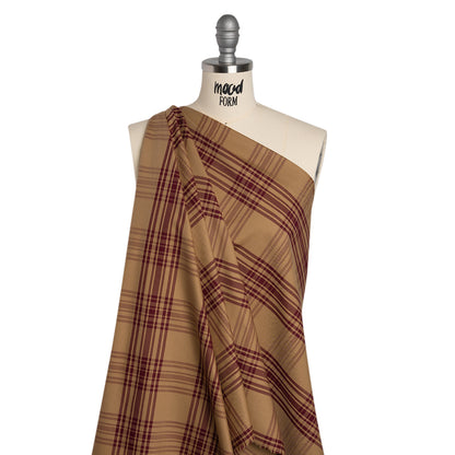 Cotton Oxford Shirting - Tan and Burgundy Plaid - Deadstock