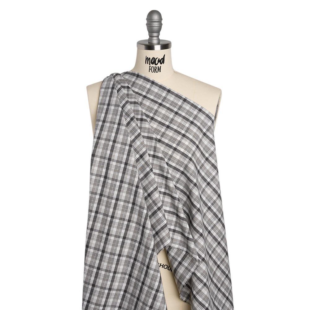 Cotton Oxford Shirting - Charcoal, Gray and White Plaid - Deadstock