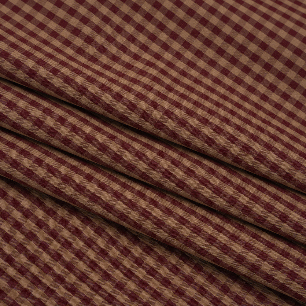 Cotton Shirting - Burgundy and Tan Checks - Deadstock - Folded