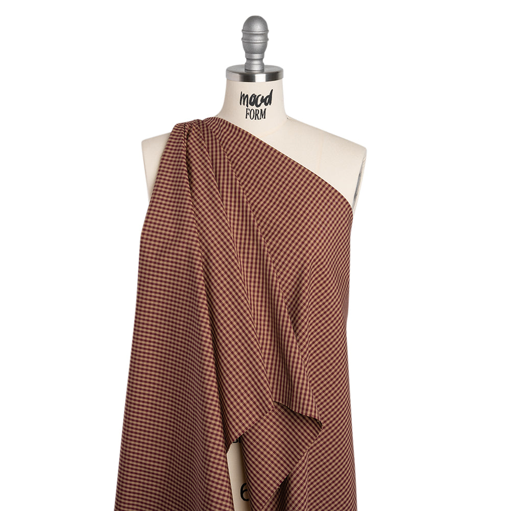 Cotton Shirting - Burgundy and Tan Checks - Deadstock - Drape