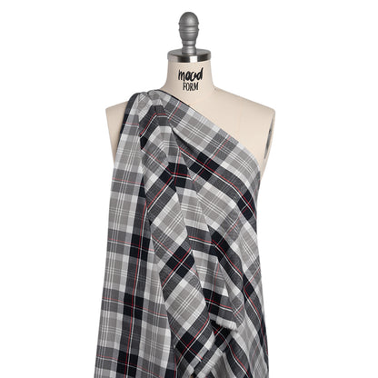 Cotton Oxford Shirting - Black, White and Red Plaid - Deadstock