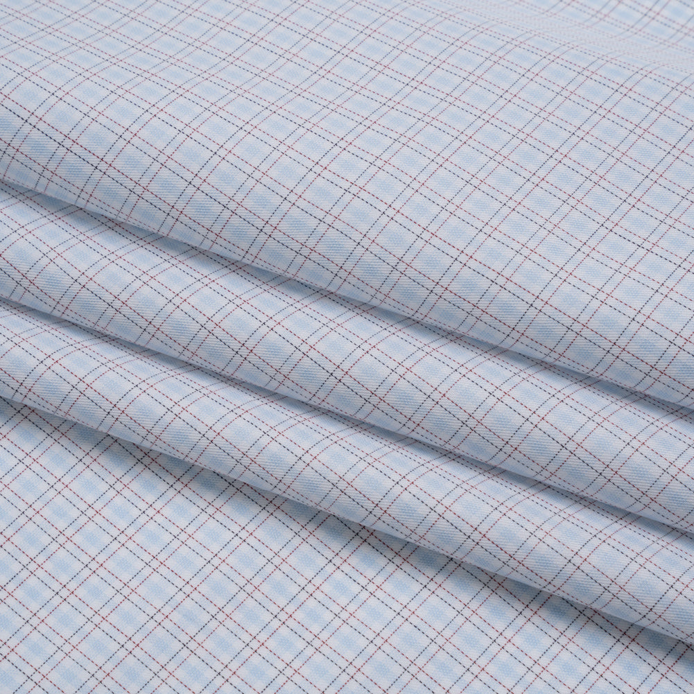 Cotton Twill Shirting - Light Blue, White and Black Tattersall Check-Like Plaid - Deadstock - Folded