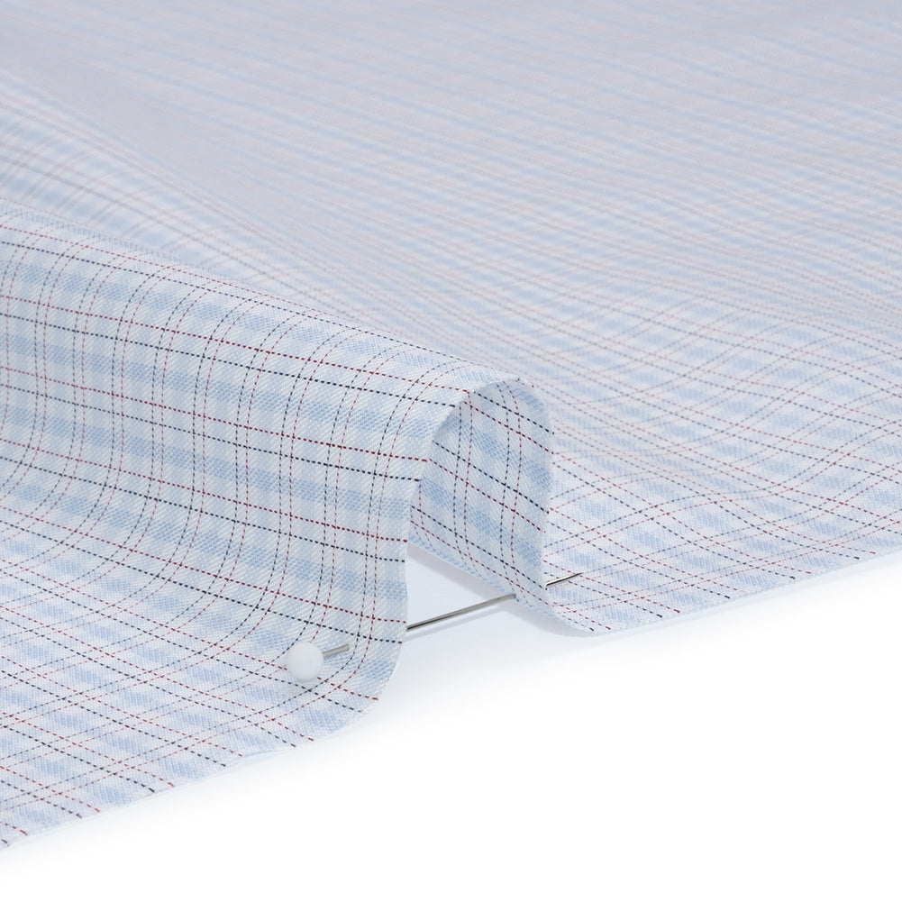 Cotton Twill Shirting - Light Blue, White and Black Tattersall Check-Like Plaid - Deadstock - Detail