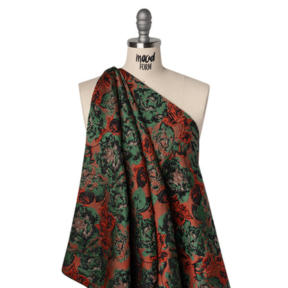 Polyester Brocade - Red, Green and Black Rose Garden - Deadstock