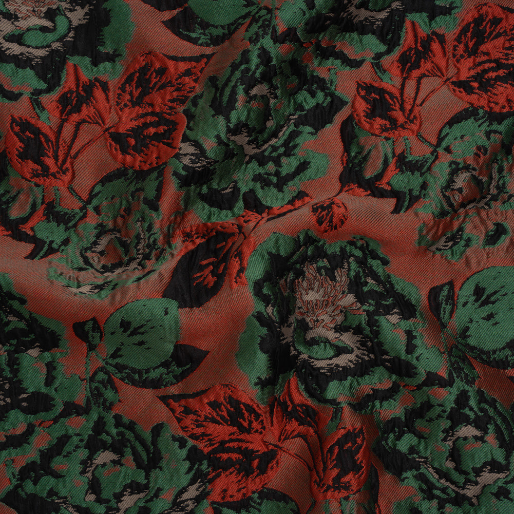 Polyester Brocade - Red, Green and Black Rose Garden - Deadstock