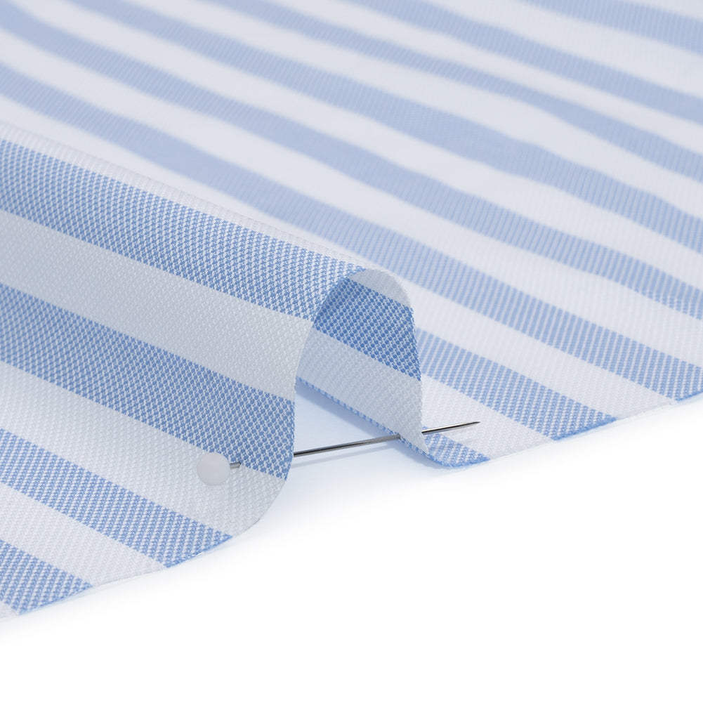 Cotton Basketweave Shirting - Baby Blue and White Bengal Stripes - Deadstock