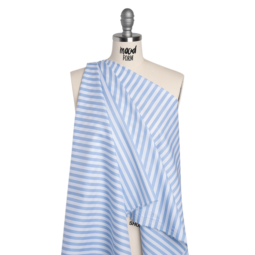 Cotton Basketweave Shirting - Baby Blue and White Bengal Stripes - Deadstock