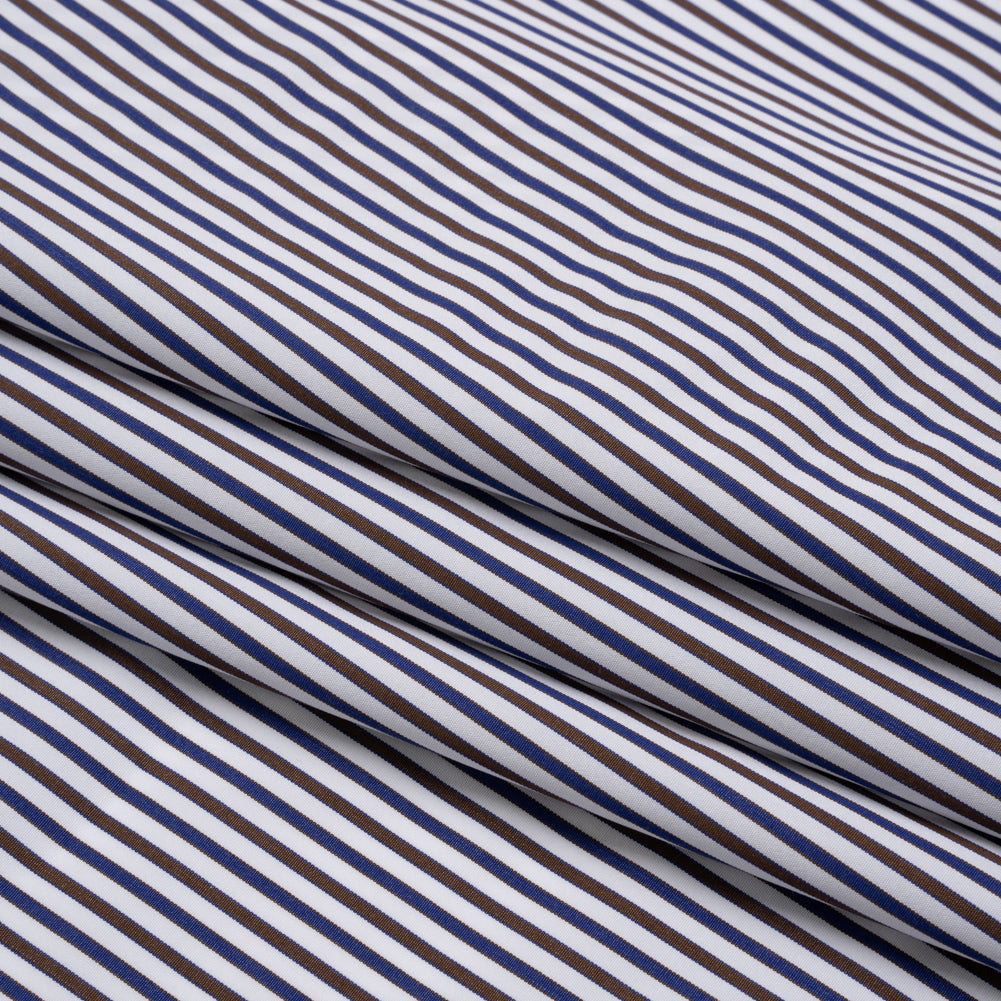 Cotton Shirting - Blue, Brown and White Stripes - Designer Deadstock