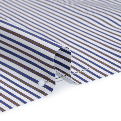 Cotton Shirting - Blue, Brown and White Stripes - Designer Deadstock