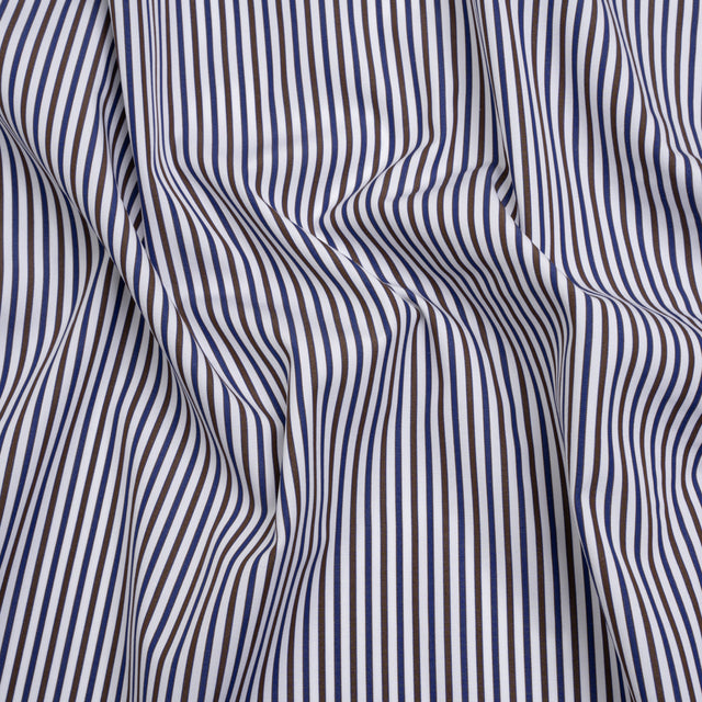 Cotton Shirting - Blue, Brown and White Stripes - Designer Deadstock