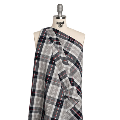 Cotton Oxford Shirting - Midnight Navy, Light Gray and Red Plaid - Deadstock
