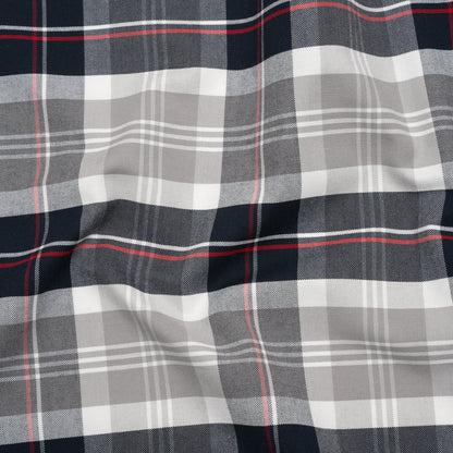 Cotton Oxford Shirting - Midnight Navy, Light Gray and Red Plaid - Deadstock