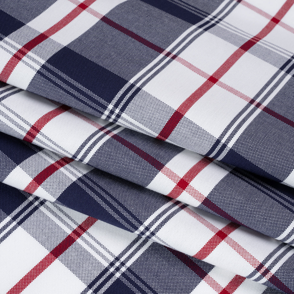 Cotton Oxford Shirting - Dark Blue, Cranberry Red and White Plaid - Deadstock - Folded