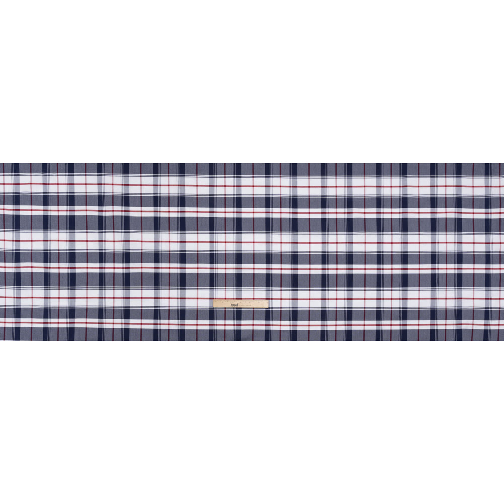 Cotton Oxford Shirting - Dark Blue, Cranberry Red and White Plaid - Deadstock - Full