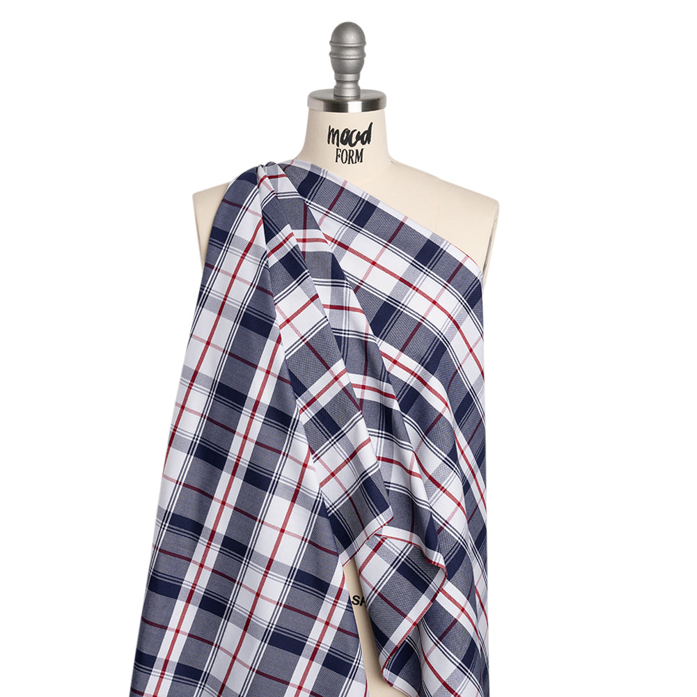 Cotton Oxford Shirting - Dark Blue, Cranberry Red and White Plaid - Deadstock - Drape