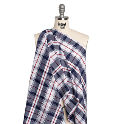 Cotton Oxford Shirting - Dark Blue, Cranberry Red and White Plaid - Deadstock