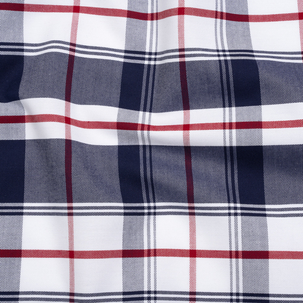 Cotton Oxford Shirting - Dark Blue, Cranberry Red and White Plaid - Deadstock