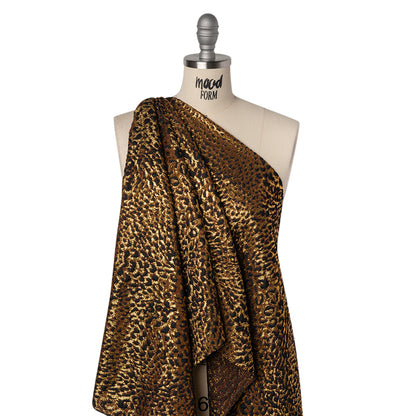 Metallic Polyester and Viscose Brocade - Brown, Black and Gold Animal Spots - Deadstock