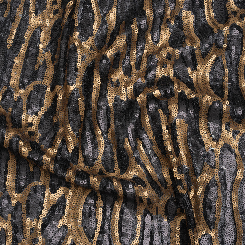 Sequins on Black Mesh - Gold and Black Abstract - Deadstock