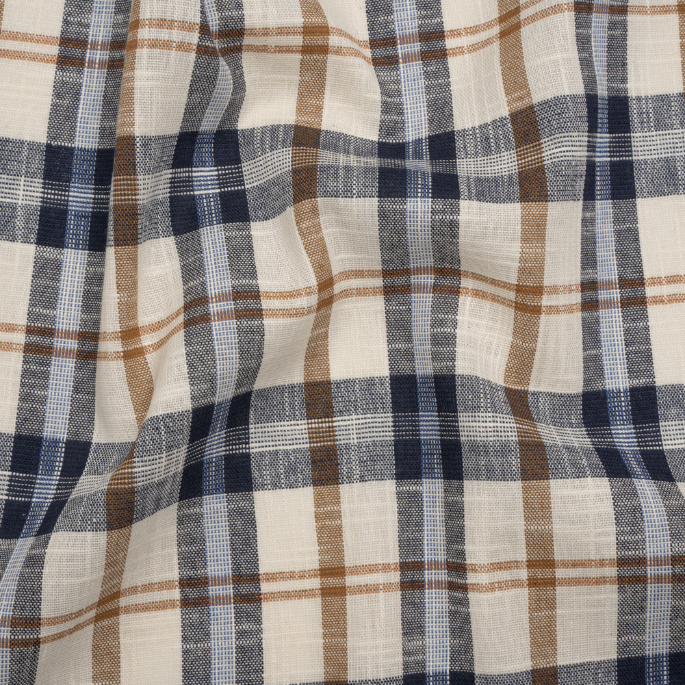 Lightweight Linen Woven - Navy, Camel Brown and Cream Plaid - Deadstock
