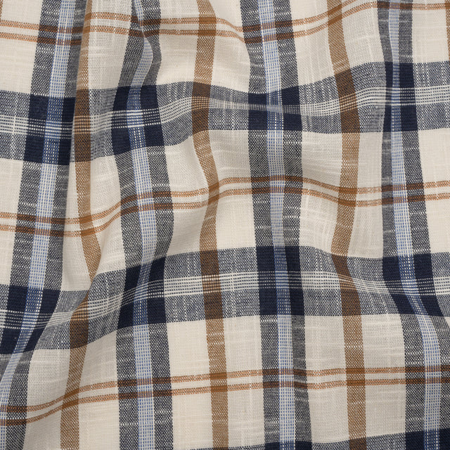 Lightweight Linen Woven - Navy, Camel Brown and Cream Plaid - Deadstock