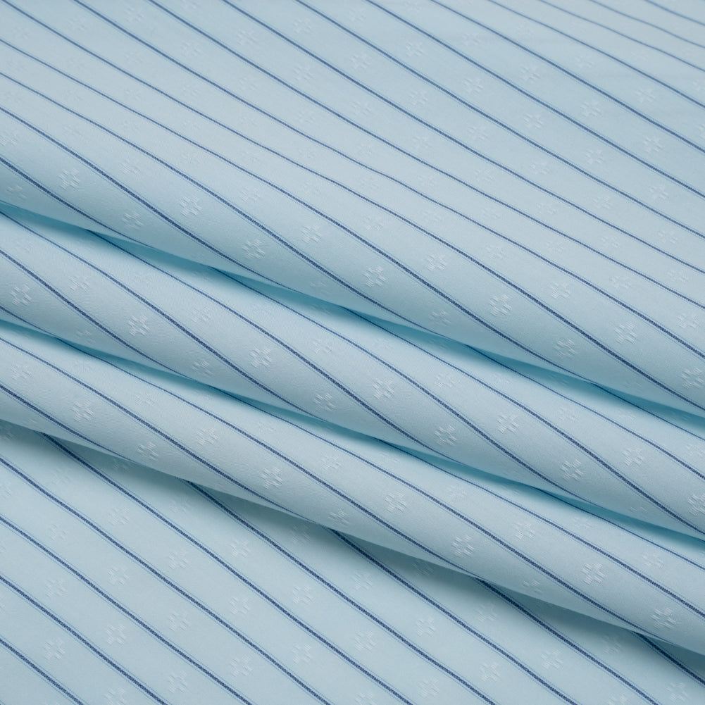 Cotton Dobby Shirting - Aqua Blue and Navy Stripes and Pluses - Deadstock - Folded