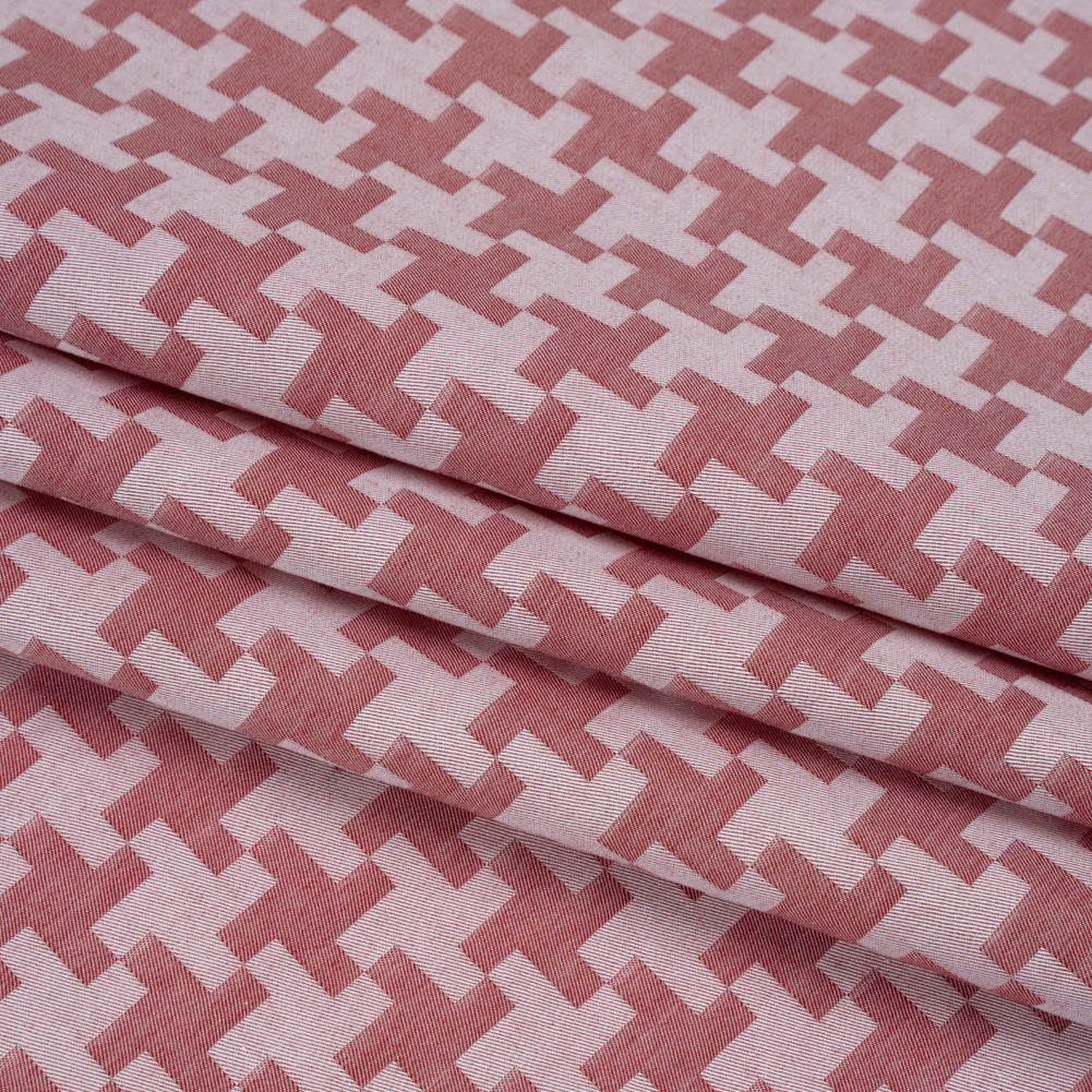 Cotton Twill Shirting - Red and White Geometric Houndstooth - Deadstock - Folded