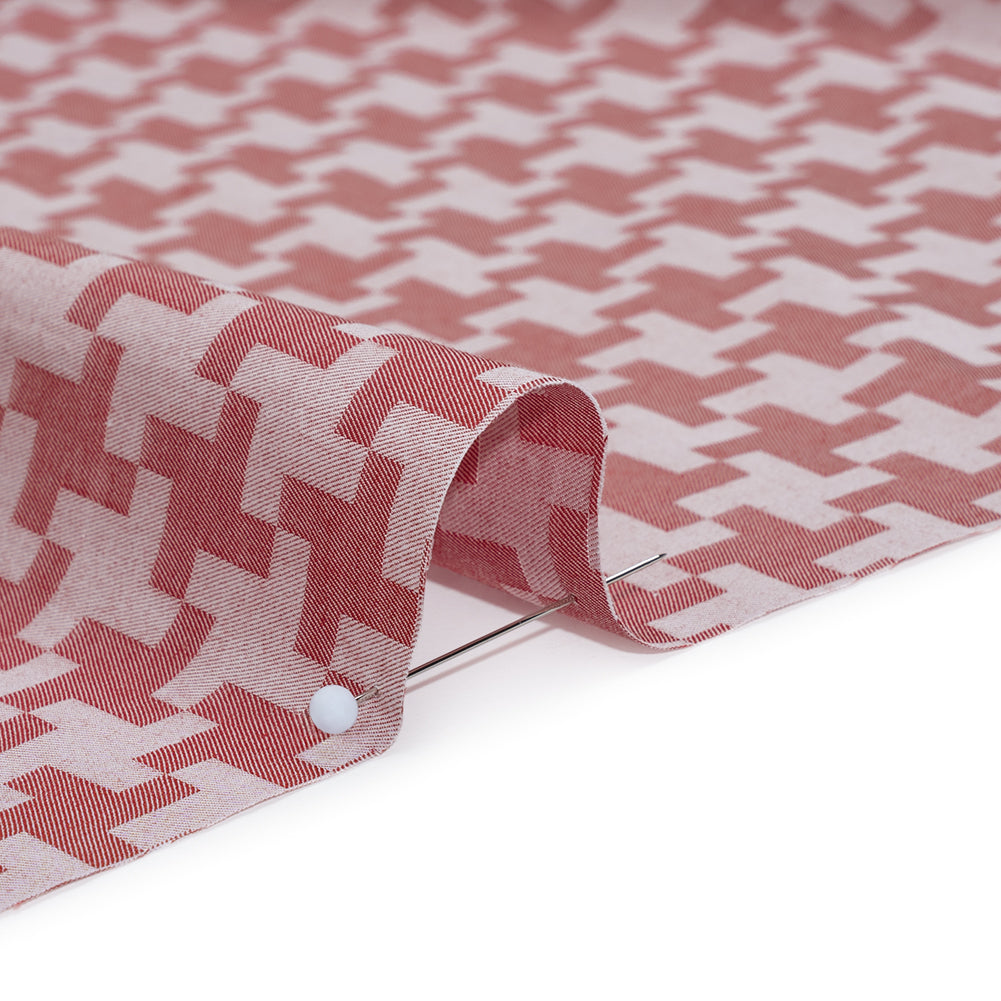 Cotton Twill Shirting - Red and White Geometric Houndstooth - Deadstock - Detail