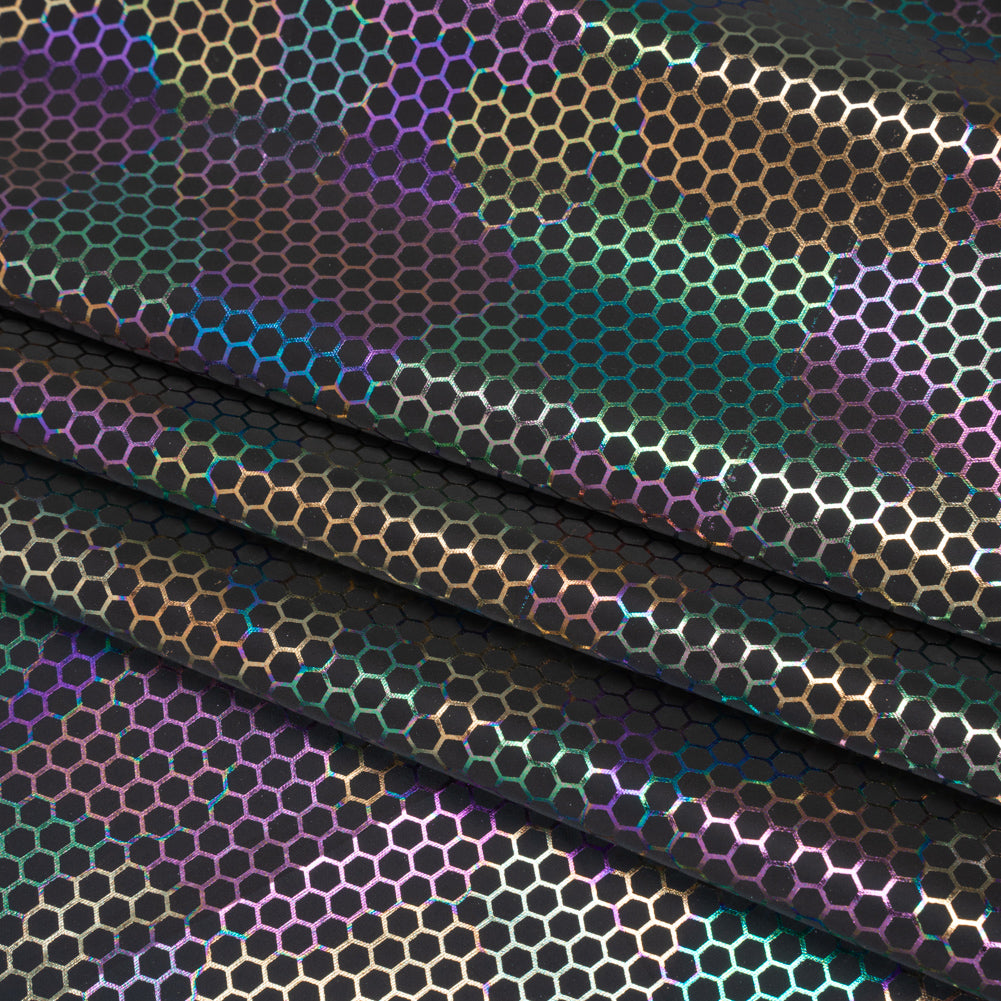 Reflective Fabric - Dark Gray Rainbow with Metallic Rainbow Oil Slick Honeycombs Folded