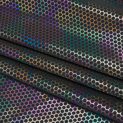 Reflective Fabric - Dark Gray Rainbow with Metallic Rainbow Oil Slick Honeycombs Folded