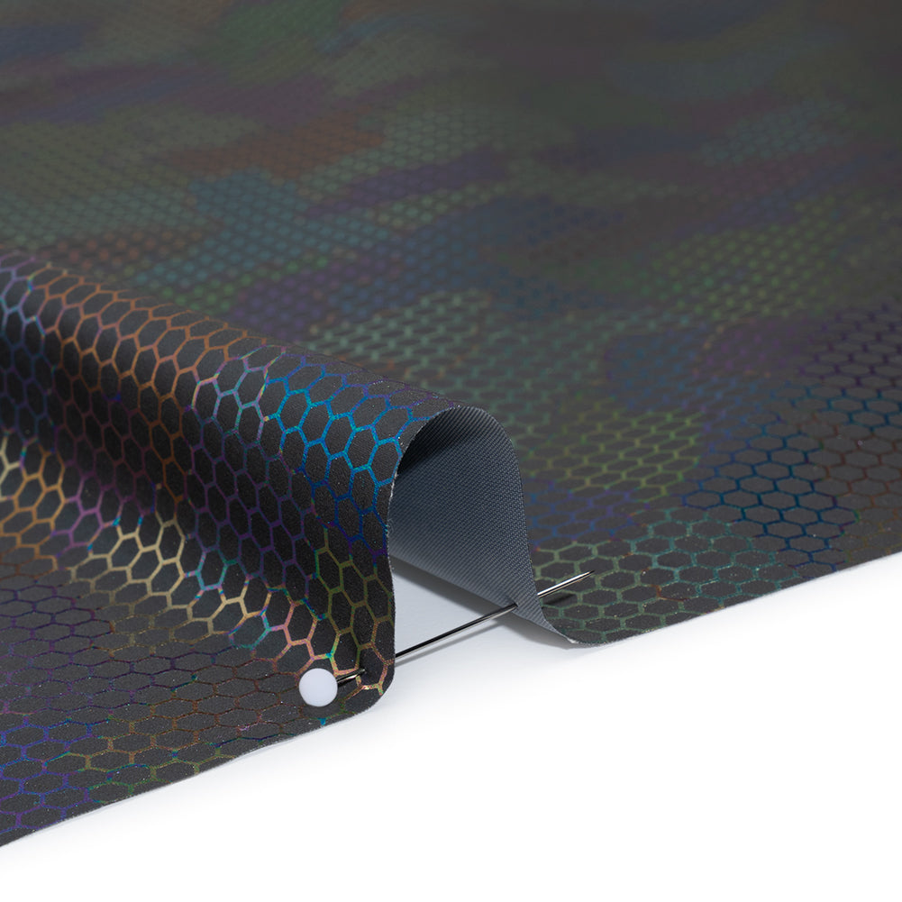 Reflective Fabric - Dark Gray Rainbow with Metallic Rainbow Oil Slick Honeycombs Detail
