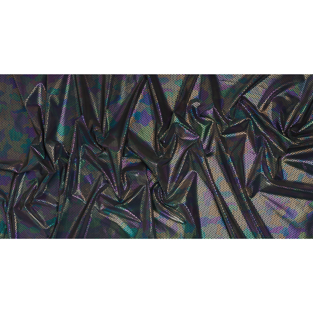 Reflective Fabric - Dark Gray Rainbow with Metallic Rainbow Oil Slick Honeycombs Full