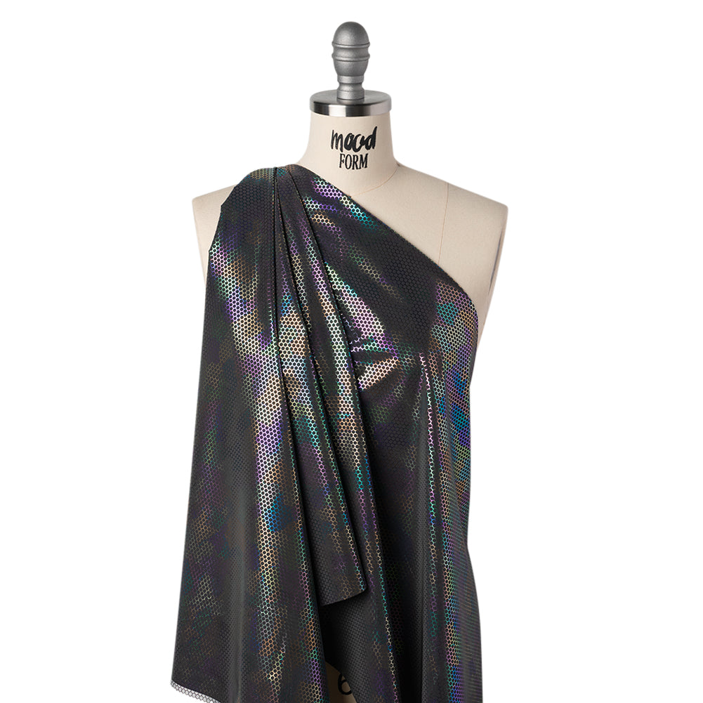 Reflective Fabric - Dark Gray Rainbow with Metallic Rainbow Oil Slick Honeycombs Drape