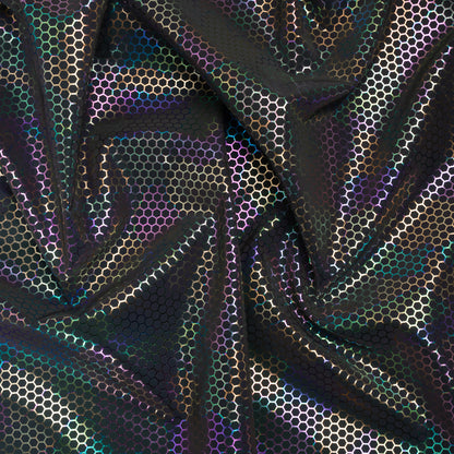 Reflective Fabric - Dark Gray Rainbow with Metallic Rainbow Oil Slick Honeycombs