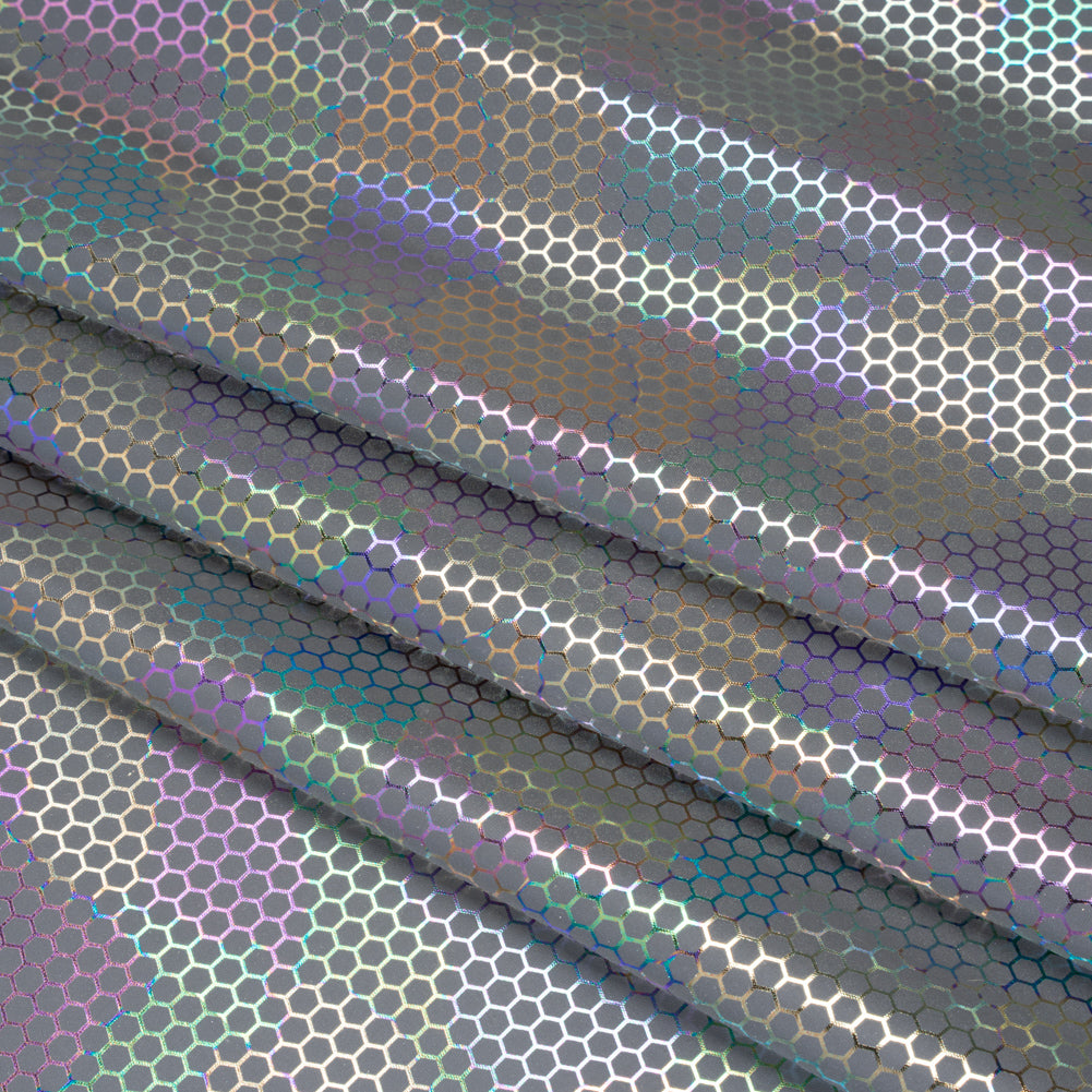 Reflective Fabric - Silver Gray with Metallic Rainbow Oil Slick Honeycombs - Folded