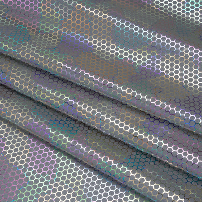 Reflective Fabric - Silver Gray with Metallic Rainbow Oil Slick Honeycombs