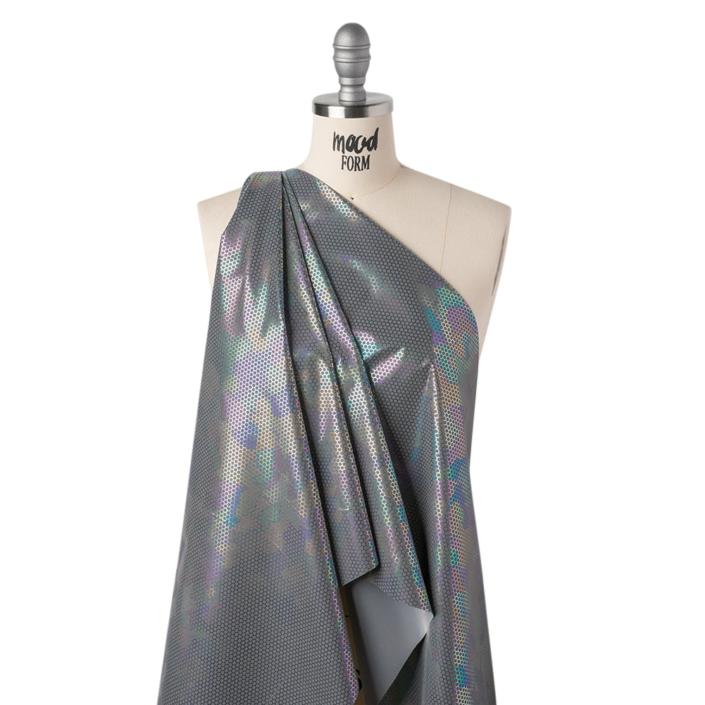 Reflective Fabric - Silver Gray with Metallic Rainbow Oil Slick Honeycombs - Drape