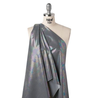 Reflective Fabric - Silver Gray with Metallic Rainbow Oil Slick Honeycombs