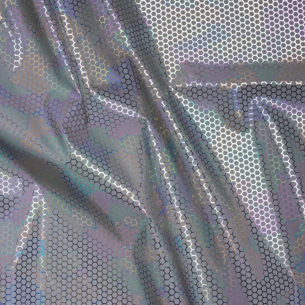 Reflective Fabric - Silver Gray with Metallic Rainbow Oil Slick Honeycombs
