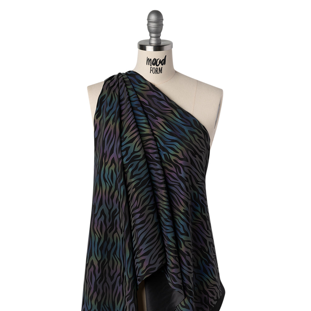 Reflective Print Spandex Knit with 4-Way Stretch - Rainbow and Black Zebra Stripe - Drape