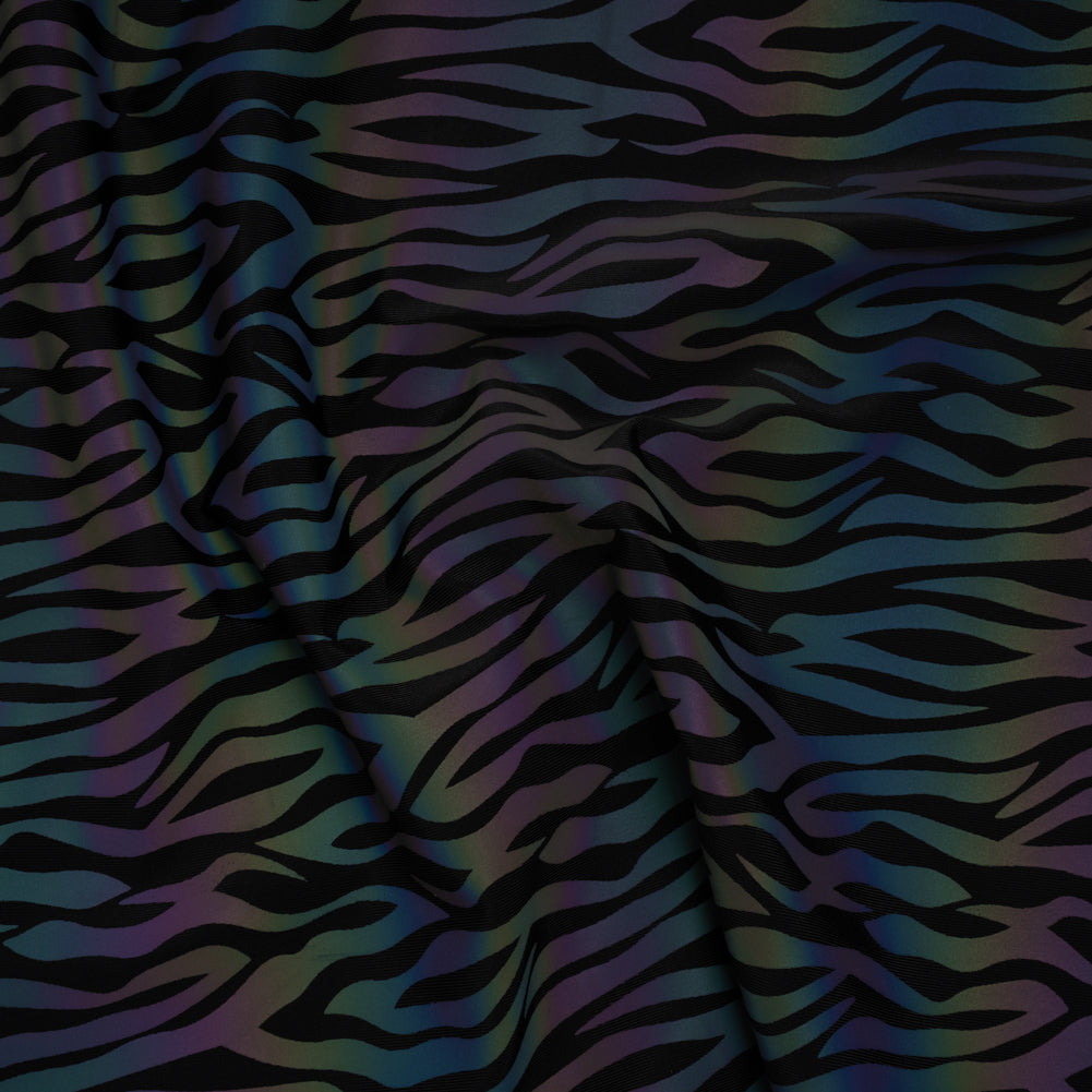 Reflective Print Spandex Knit with 4-Way Stretch - Rainbow and Black Zebra Stripe