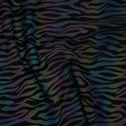 Reflective Print Spandex Knit with 4-Way Stretch - Rainbow and Black Zebra Stripe
